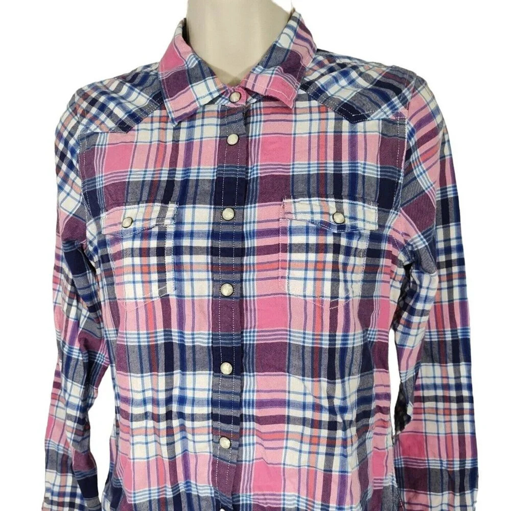 American Eagle Outfitters Plaid Flannel Pearl Snap Western Shirt Size S Blue